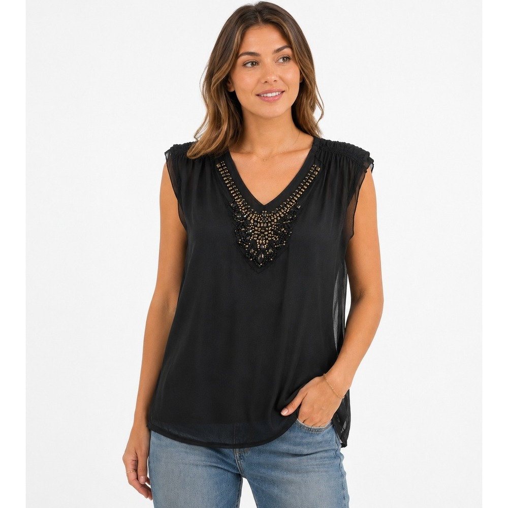Bird by Juicy‎ Couture Black Silk Embellished V-Neck Sleeveless Blouse Size M